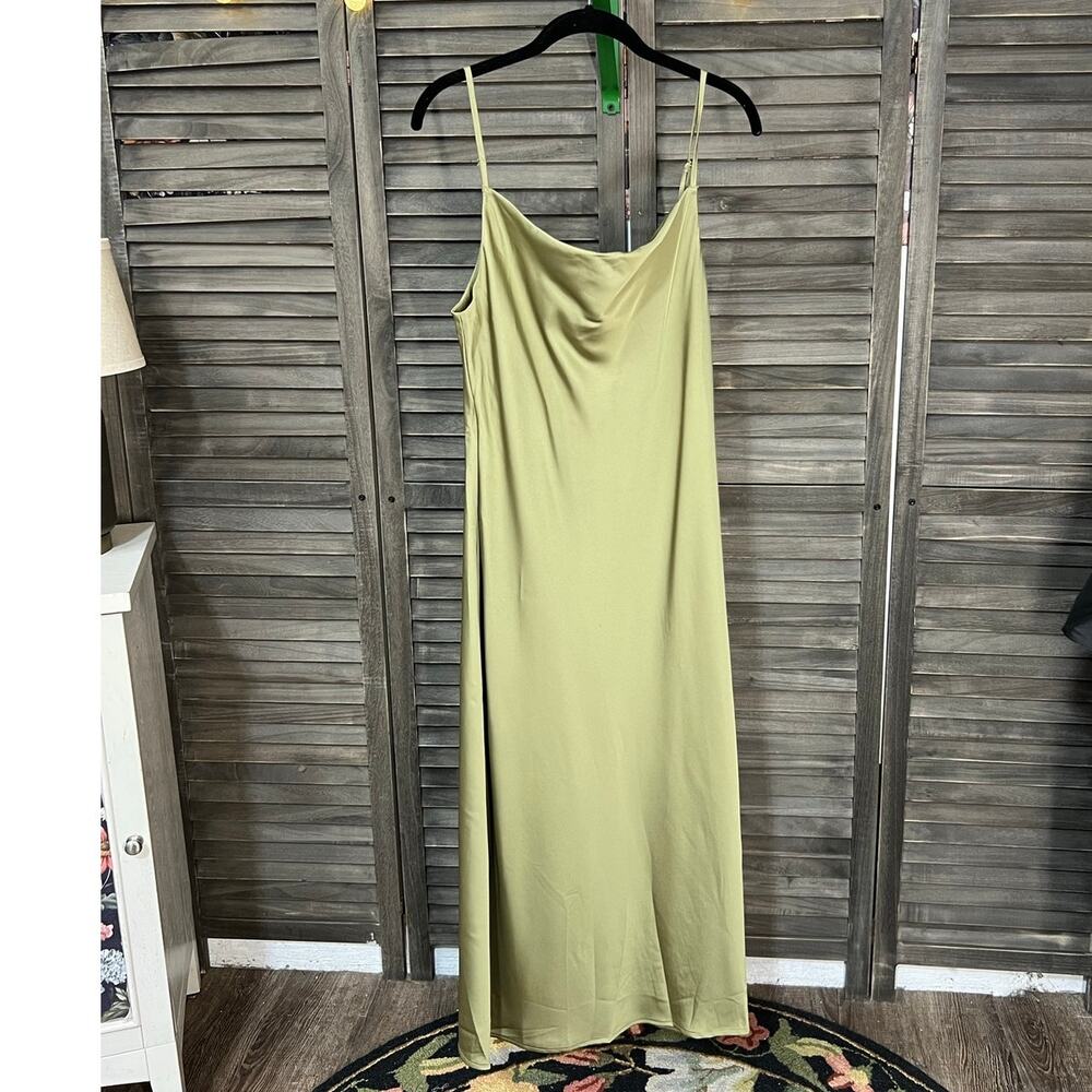 LuLus Olive Green Satin Inspired Slip Midi Dress NWOT Large - Picture 2 of 6